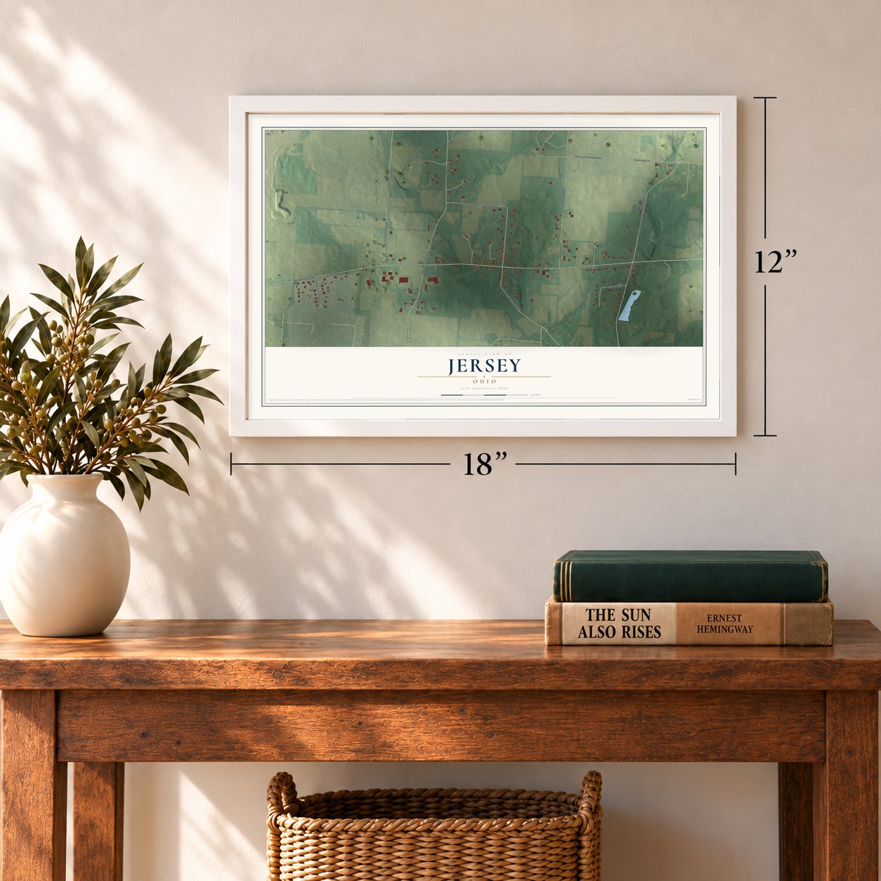 Jersey, Ohio map, 12 x 18 inch print in a white frame in an entryway