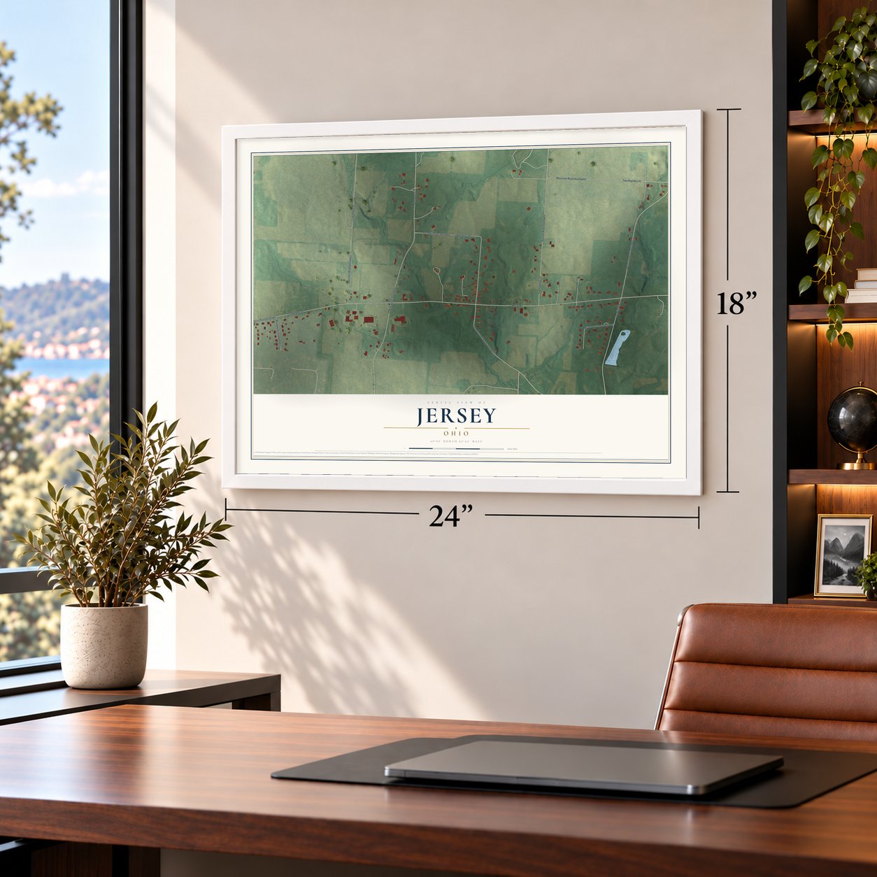 Jersey, Ohio map, 18 x 24 inch print in a white frame in a home office