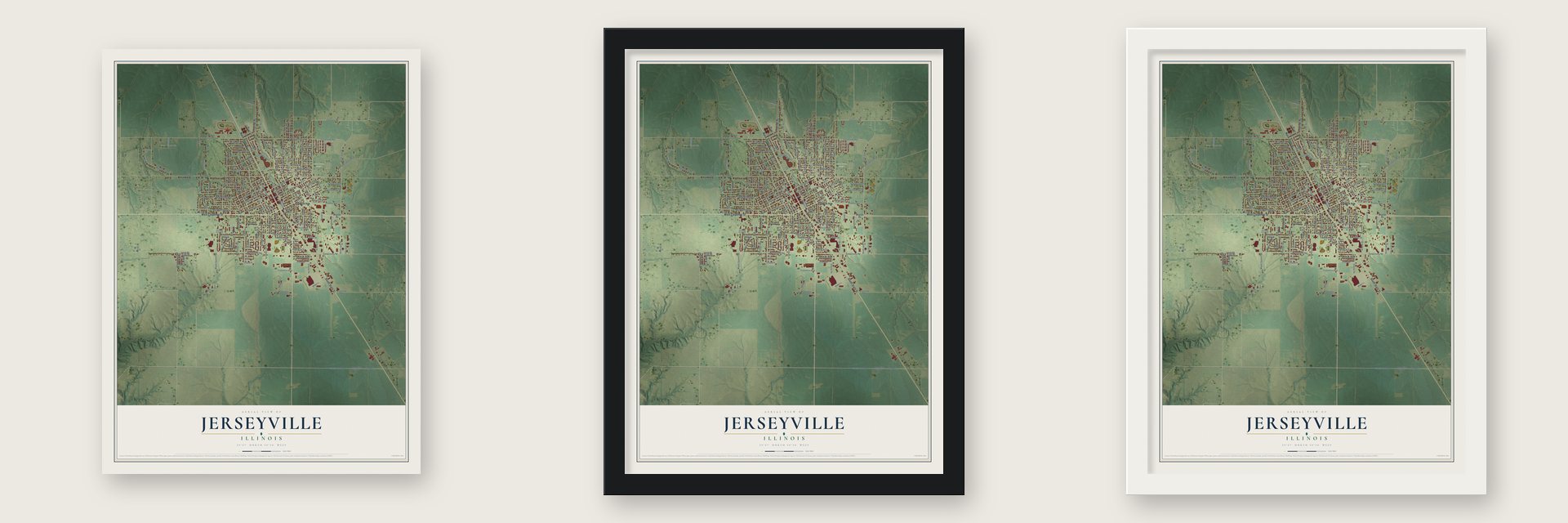 Jerseyville, Illinois map unframed, in a black wood frame and in a white wood frame