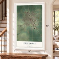 Jerseyville, Illinois map, 24 x 36 inch print in a white frame by a staircase