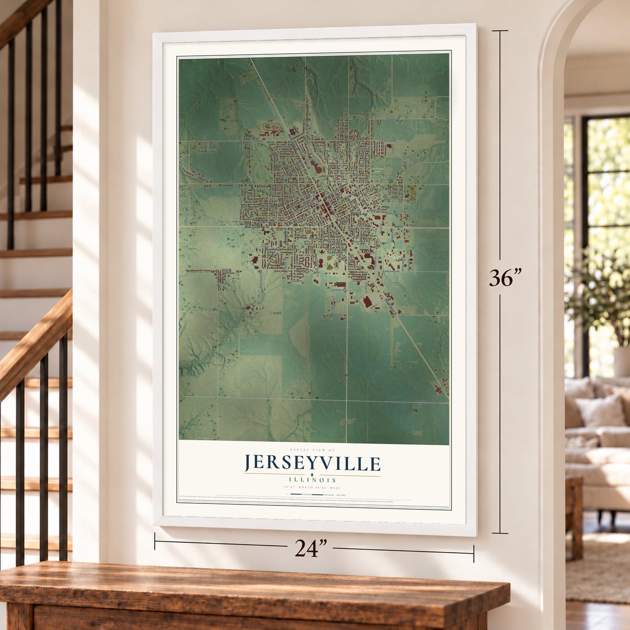 Jerseyville, Illinois map, 24 x 36 inch print in a white frame by a staircase