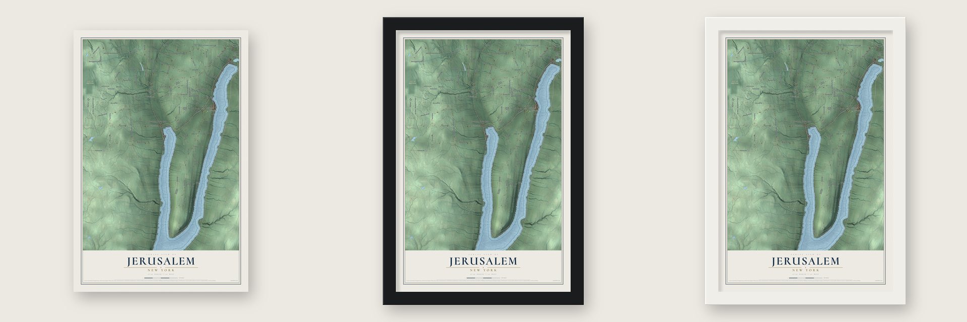 Jerusalem, New York map unframed, in a black wood frame and in a white wood frame