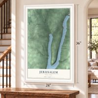 Jerusalem, New York map, 24 x 36 inch print in a white frame by a staircase