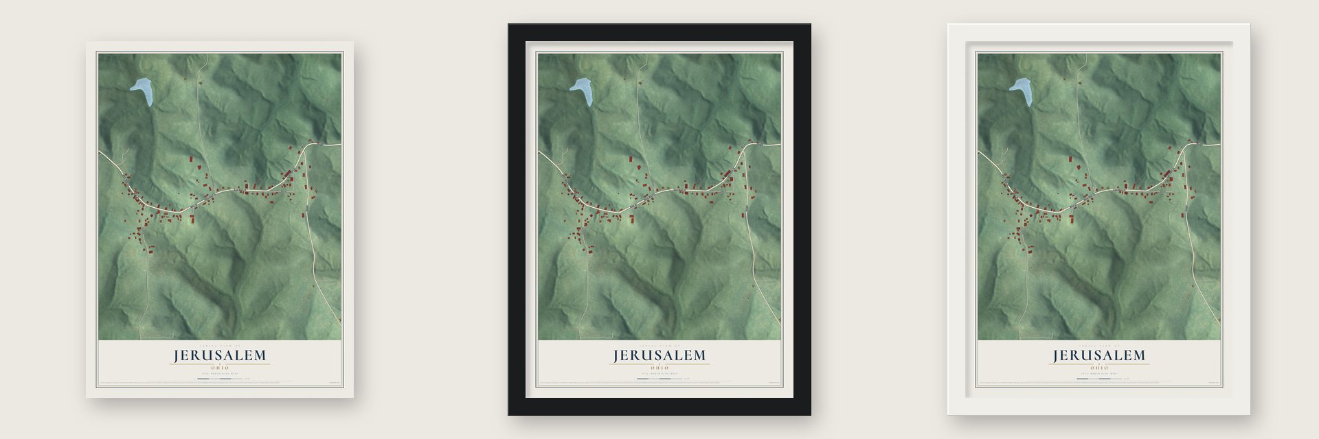 Jerusalem, Ohio map unframed, in a black wood frame and in a white wood frame