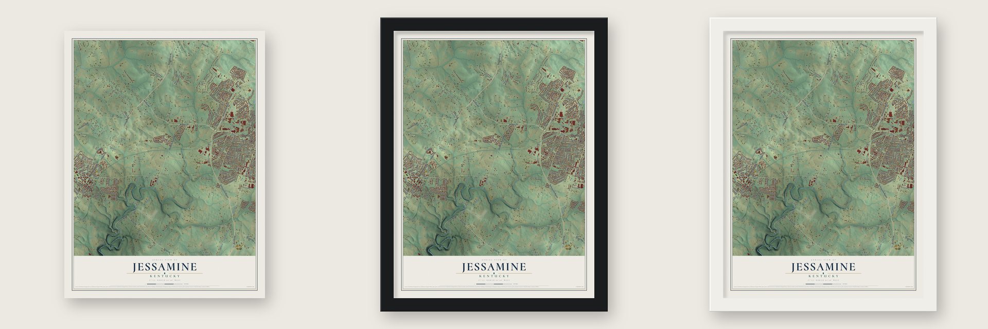 Jessamine, Kentucky map unframed, in a black wood frame and in a white wood frame