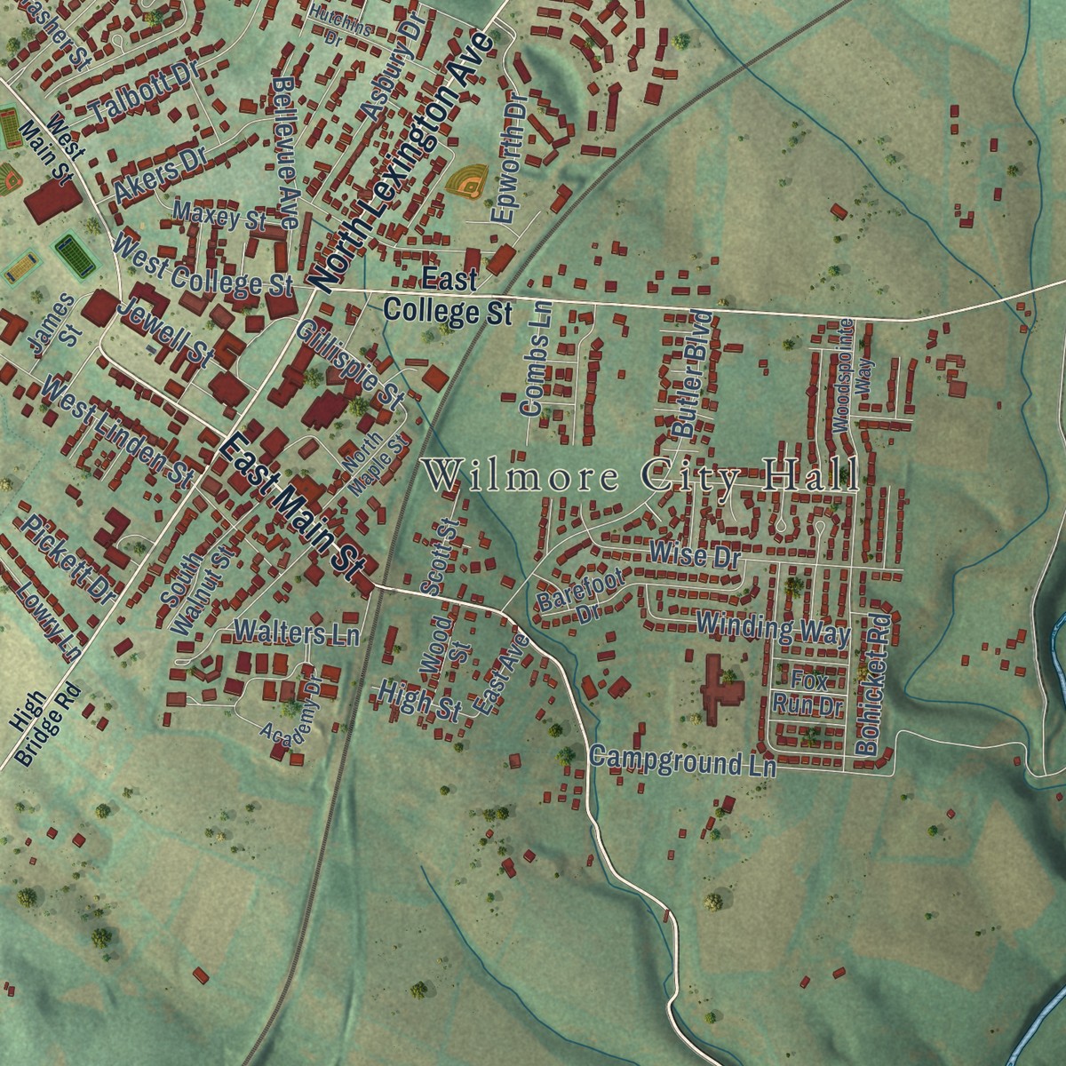 Second close-up of the map of Jessamine, Kentucky print showing more streets and buildings