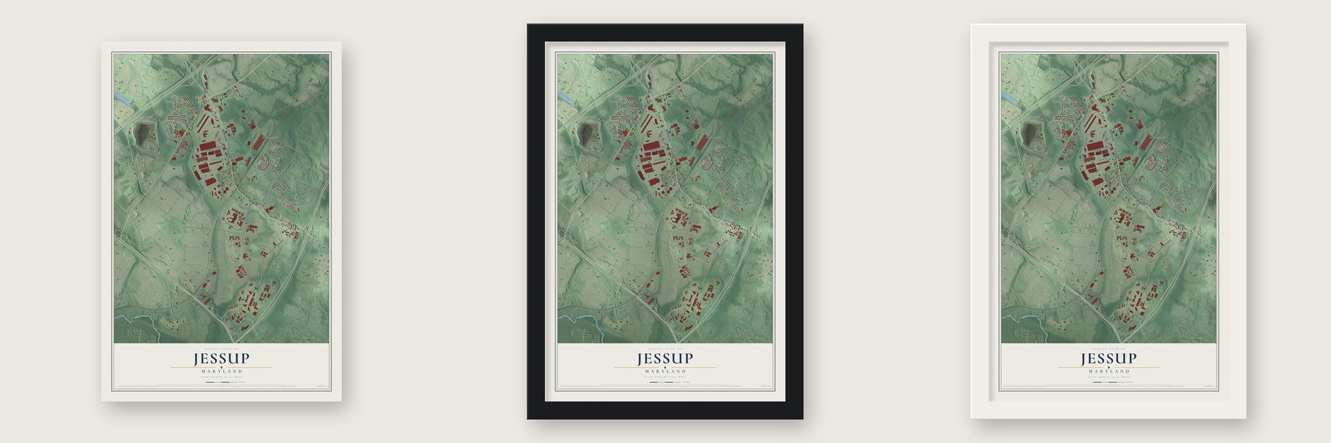 Jessup, Maryland map unframed, in a black wood frame and in a white wood frame