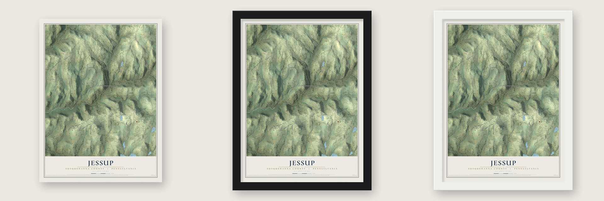 Jessup, Susquehanna County, Pennsylvania map unframed, in a black wood frame and in a white wood frame