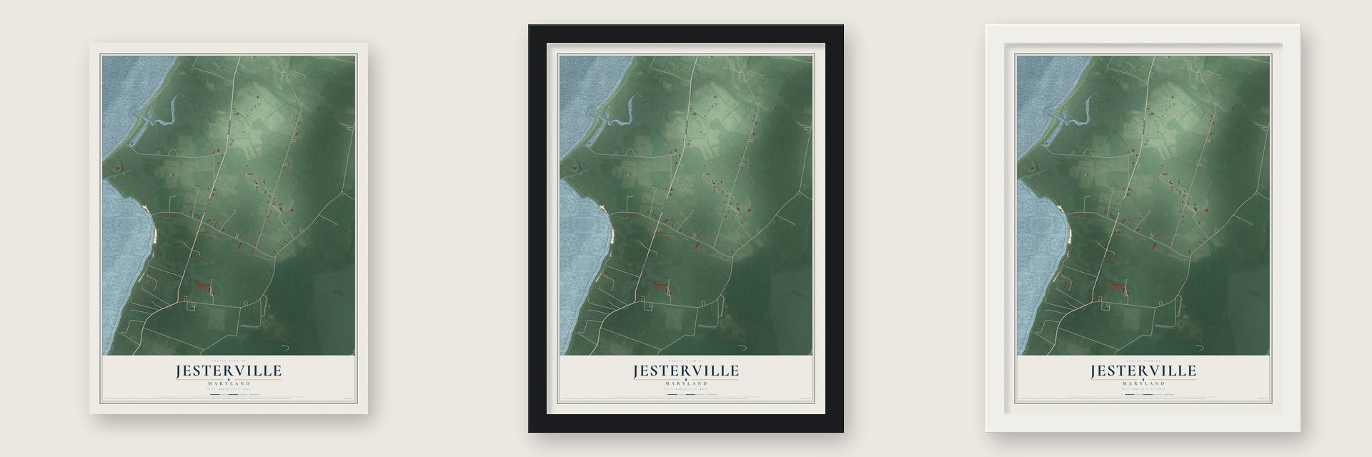 Jesterville, Maryland map unframed, in a black wood frame and in a white wood frame