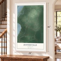 Jesterville, Maryland map, 24 x 36 inch print in a white frame by a staircase