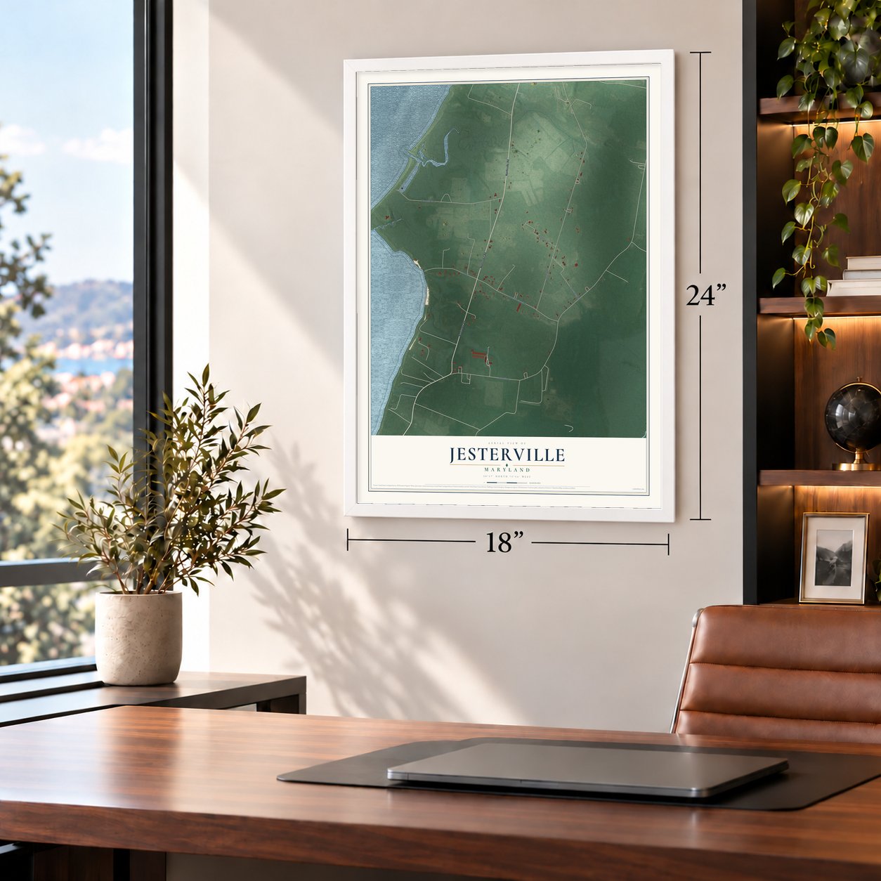 Jesterville, Maryland map, 18 x 24 inch print in a white frame in a home office