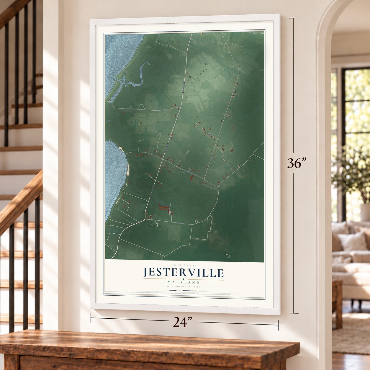 Jesterville, Maryland map, 24 x 36 inch print in a white frame by a staircase