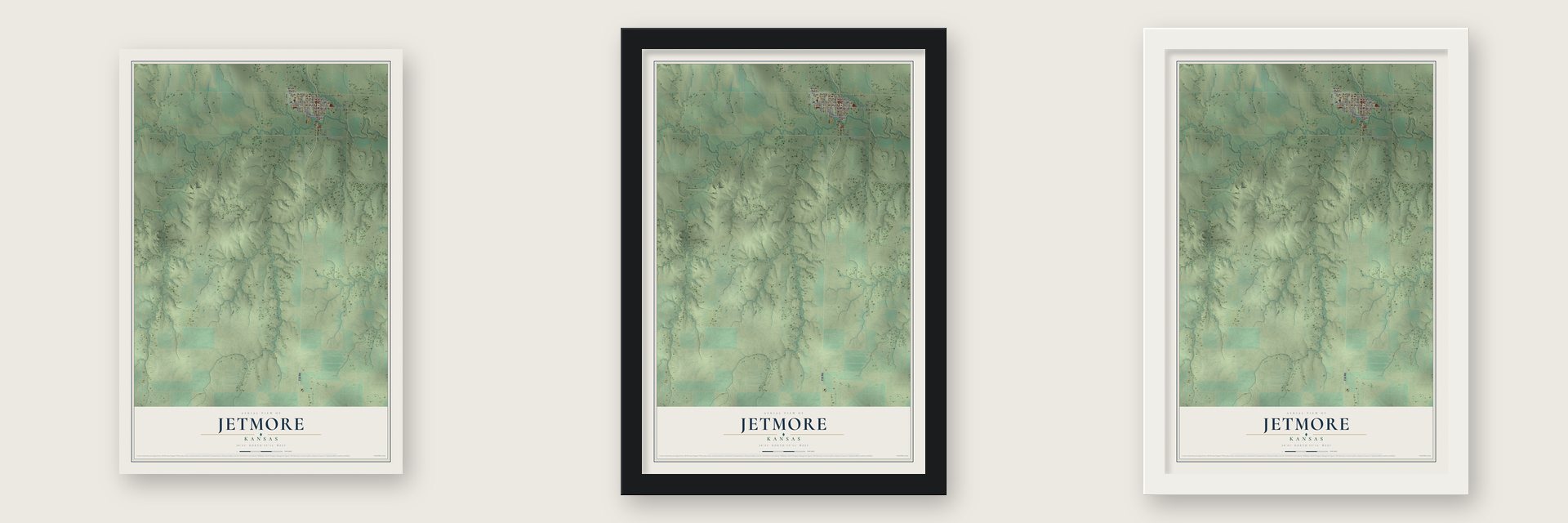 Jetmore, Kansas map unframed, in a black wood frame and in a white wood frame