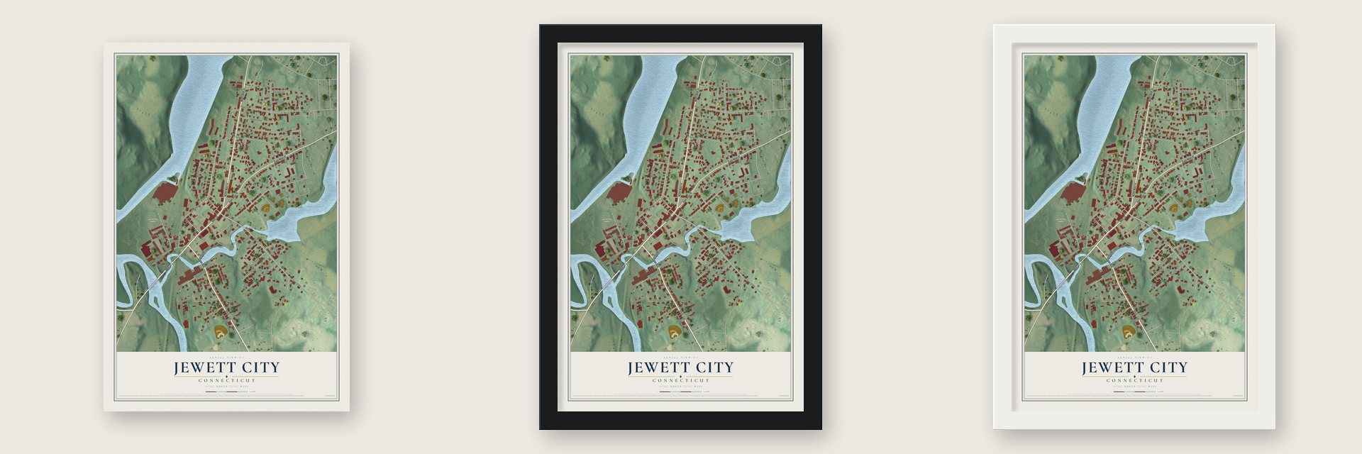 Jewett City, Connecticut map unframed, in a black wood frame and in a white wood frame