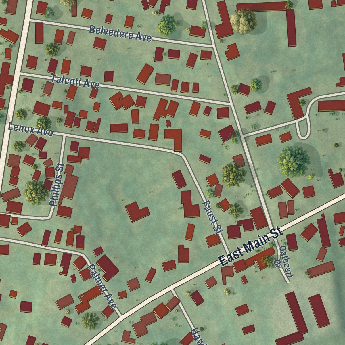 Second close-up of the map of Jewett City, Connecticut print showing more streets and buildings
