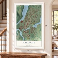 Jewett City, Connecticut map, 24 x 36 inch print in a white frame by a staircase