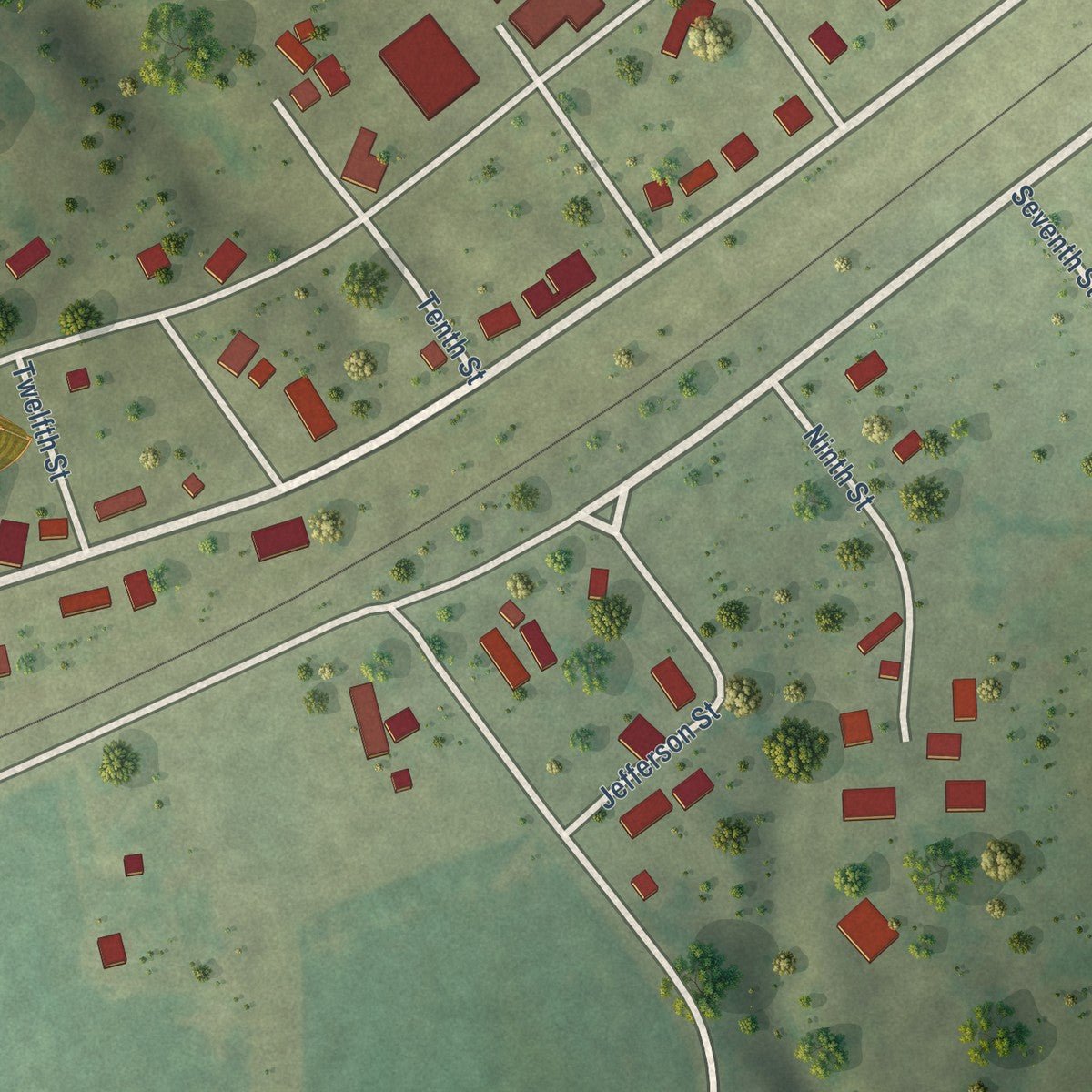 Second close-up of the map of Jewett, Illinois print showing more streets and buildings