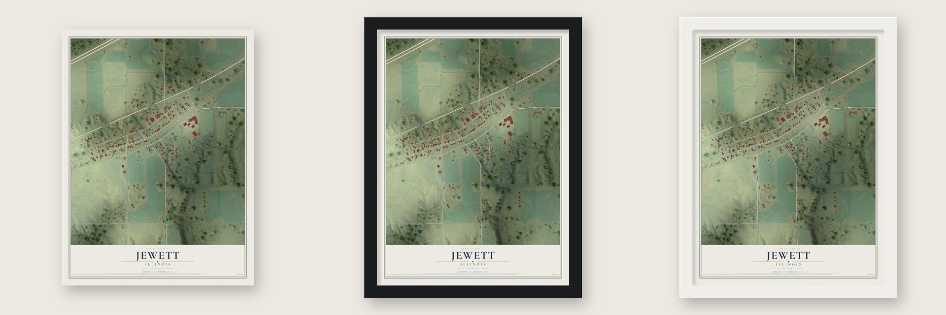 Jewett, Illinois map unframed, in a black wood frame and in a white wood frame