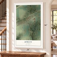 Jewett, Illinois map, 24 x 36 inch print in a white frame by a staircase