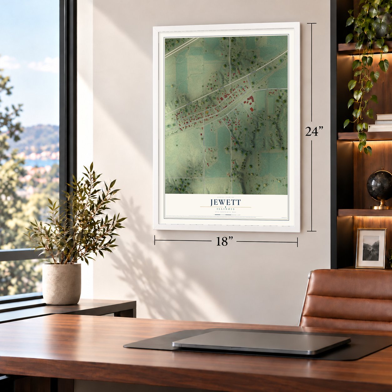 Jewett, Illinois map, 18 x 24 inch print in a white frame in a home office