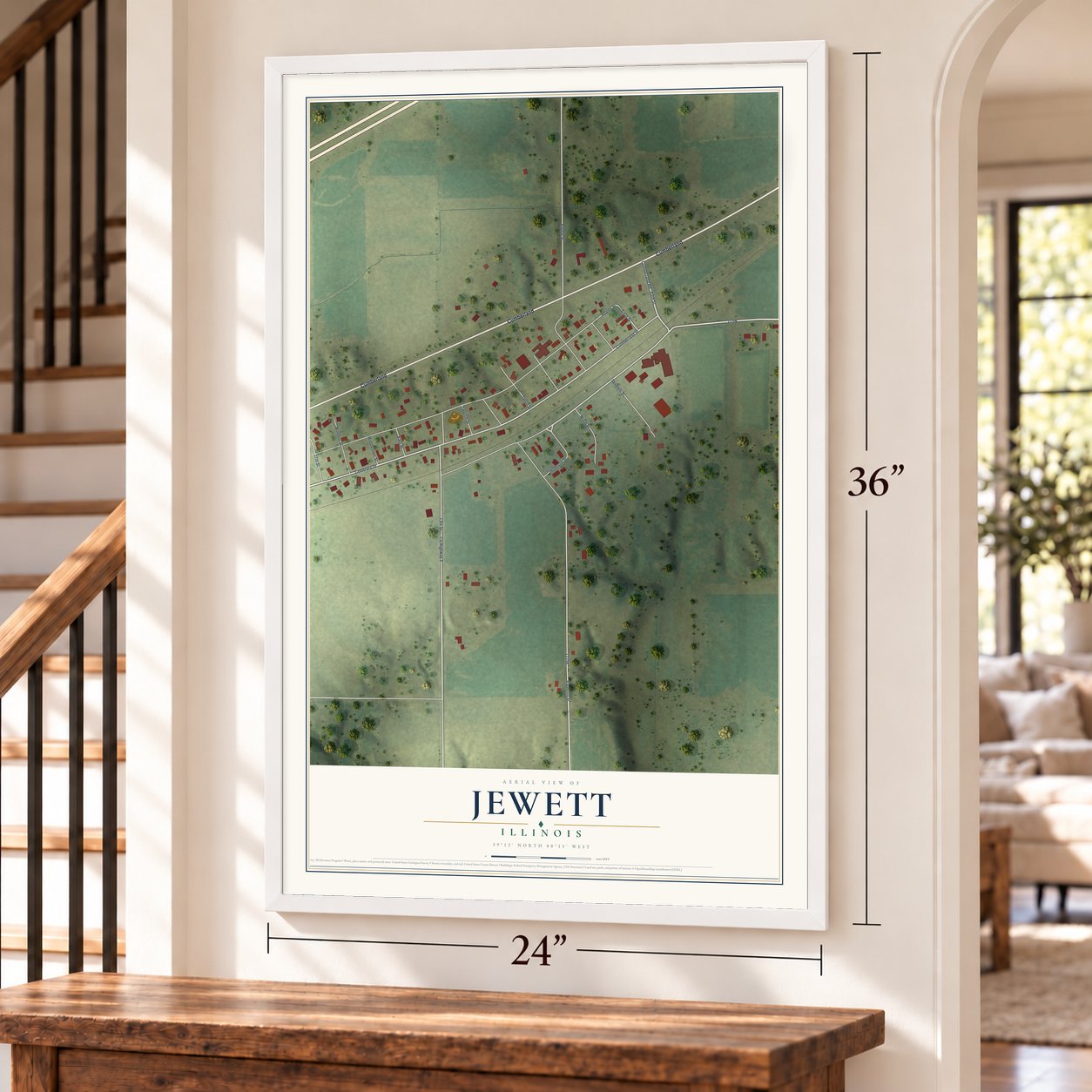 Jewett, Illinois map, 24 x 36 inch print in a white frame by a staircase