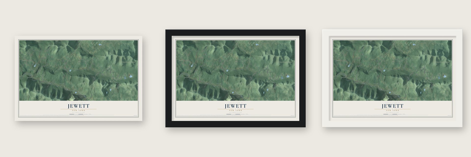 Jewett, New York map unframed, in a black wood frame and in a white wood frame