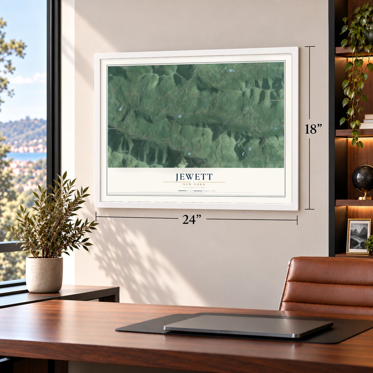 Jewett, New York map, 18 x 24 inch print in a white frame in a home office