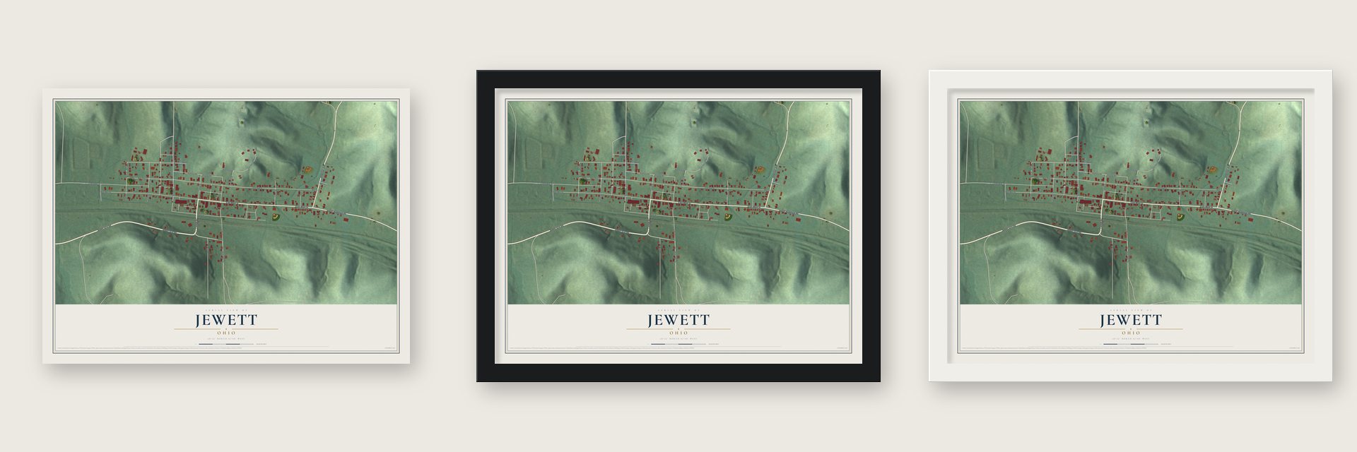 Jewett, Ohio map unframed, in a black wood frame and in a white wood frame