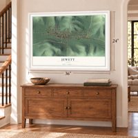 Jewett, Ohio map, 24 x 36 inch print in a white frame above a dresser by a staircase