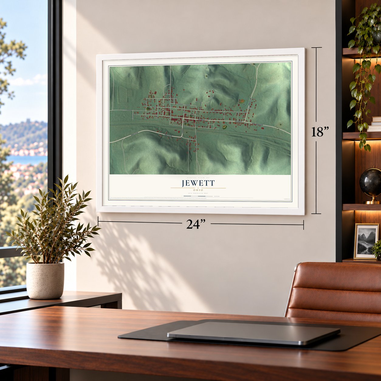 Jewett, Ohio map, 18 x 24 inch print in a white frame in a home office