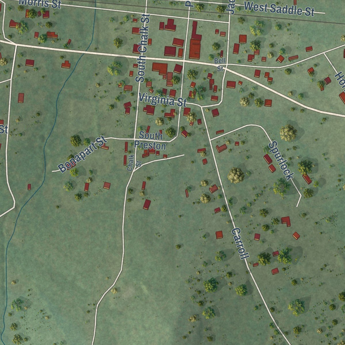 Second close-up of the map of Joaquin, Texas print showing more streets and buildings