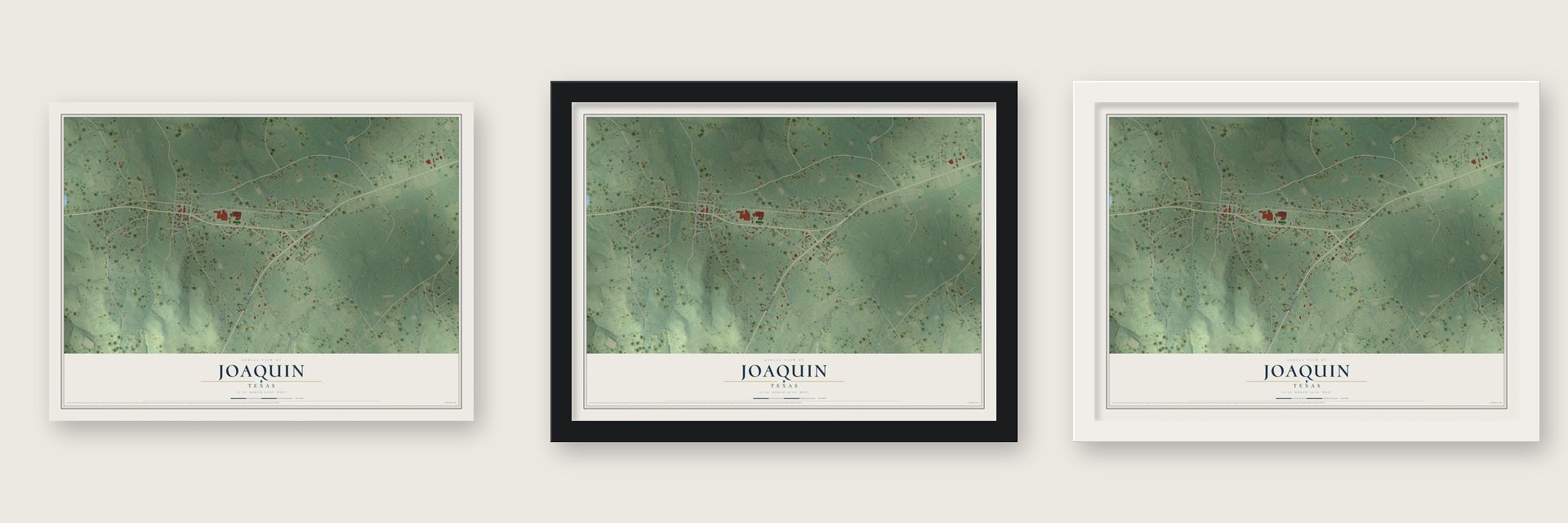 Joaquin, Texas map unframed, in a black wood frame and in a white wood frame