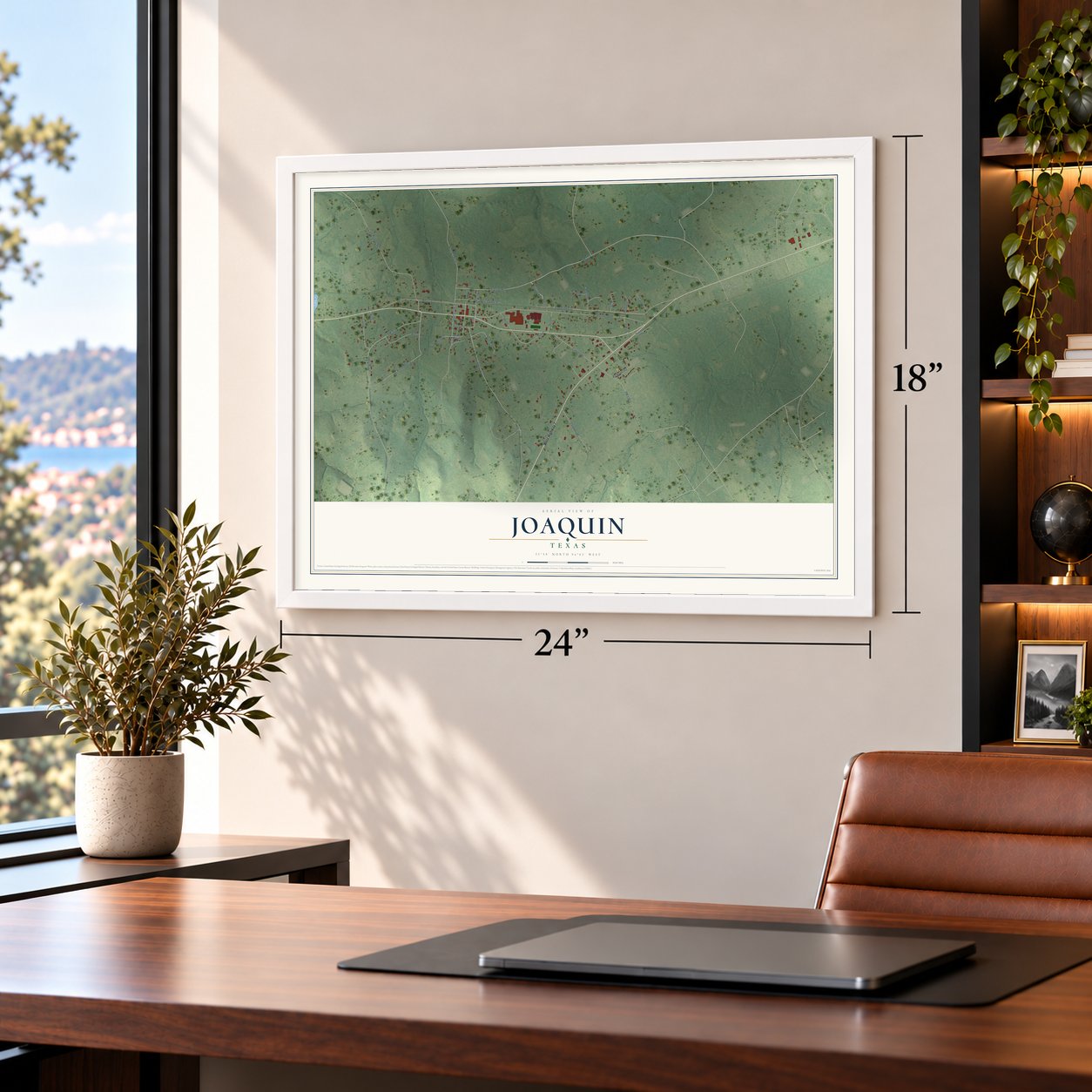 Joaquin, Texas map, 18 x 24 inch print in a white frame in a home office