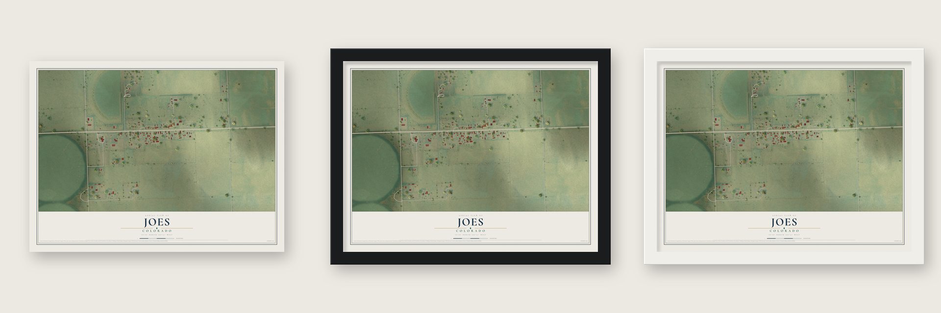 Joes, Colorado map unframed, in a black wood frame and in a white wood frame
