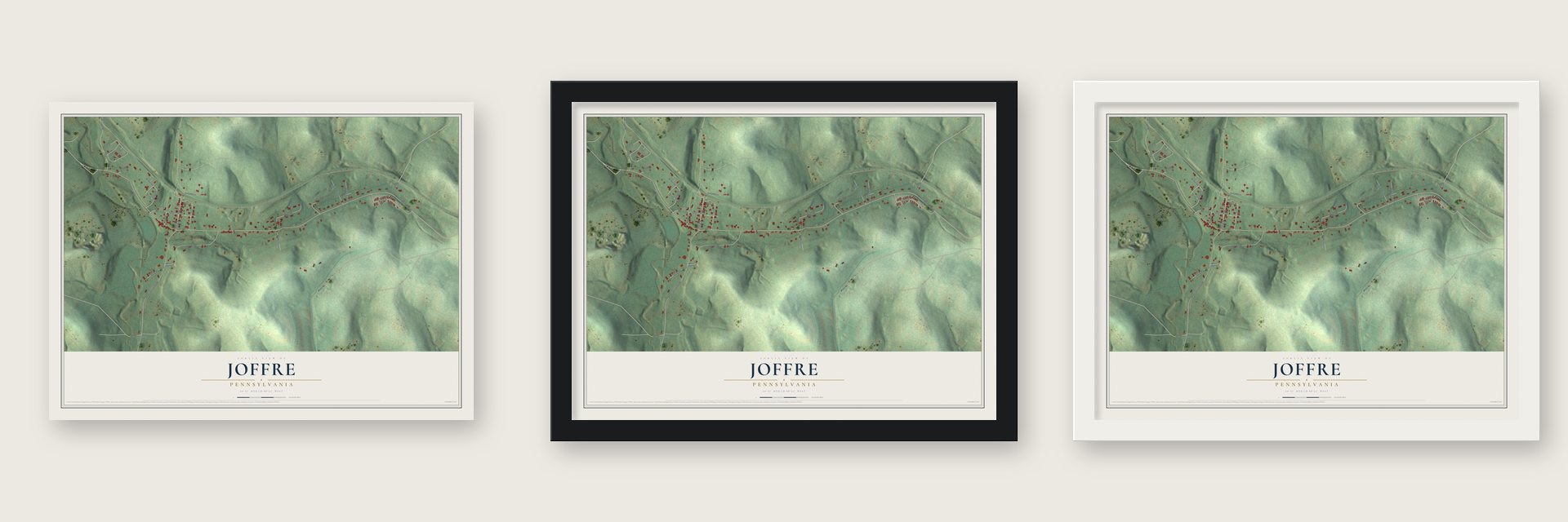 Joffre, Pennsylvania map unframed, in a black wood frame and in a white wood frame