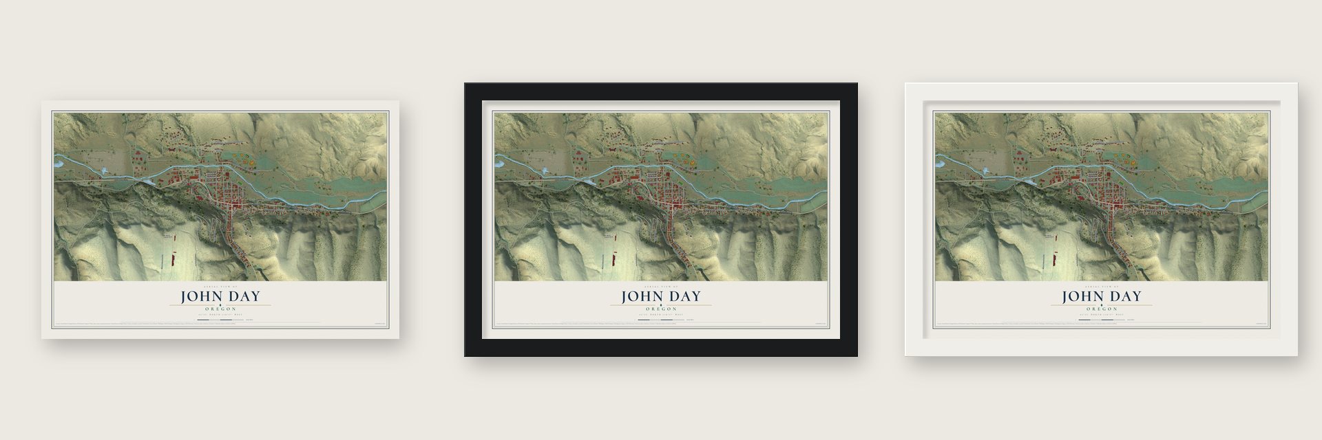 John Day, Oregon map unframed, in a black wood frame and in a white wood frame
