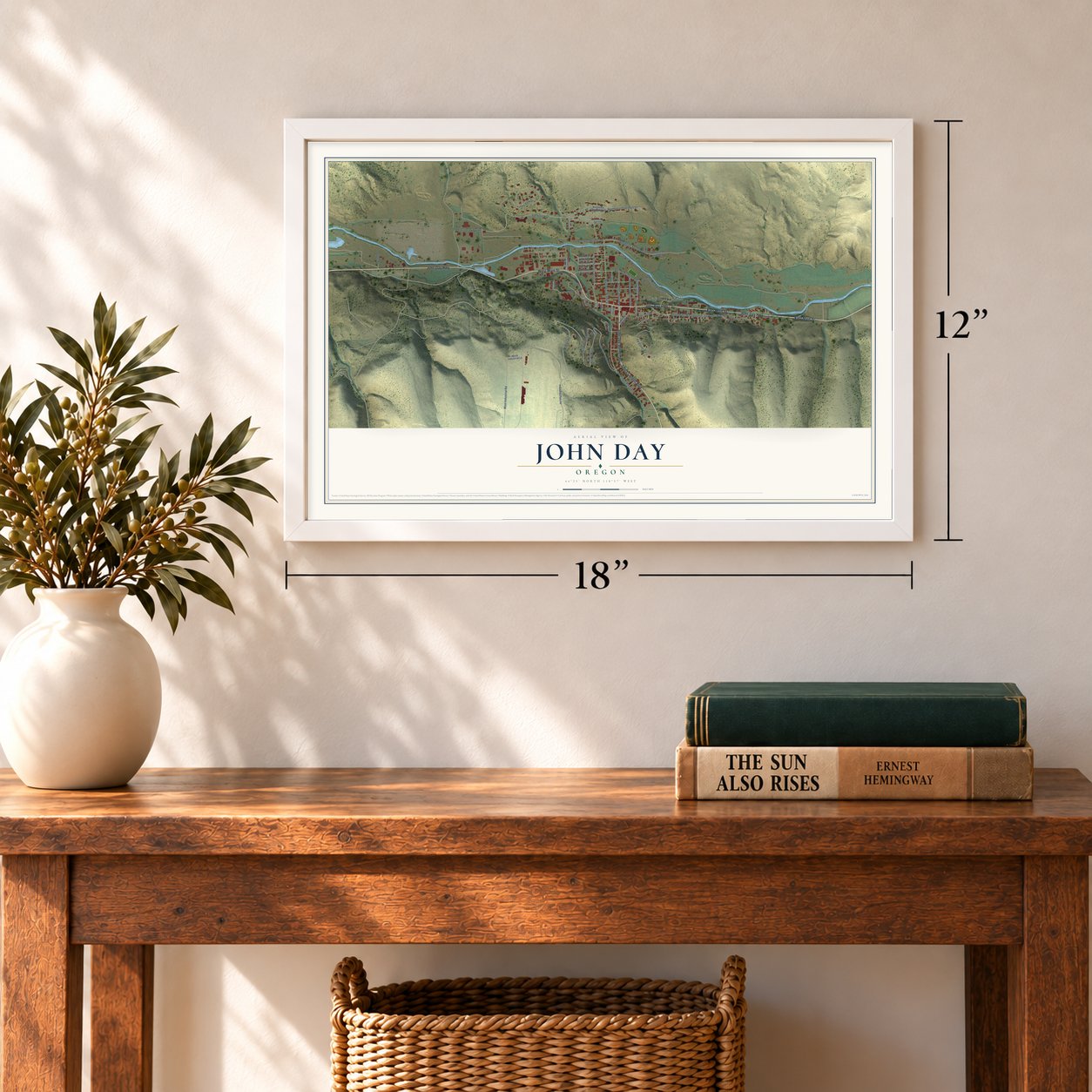 John Day, Oregon map, 12 x 18 inch print in a white frame in an entryway
