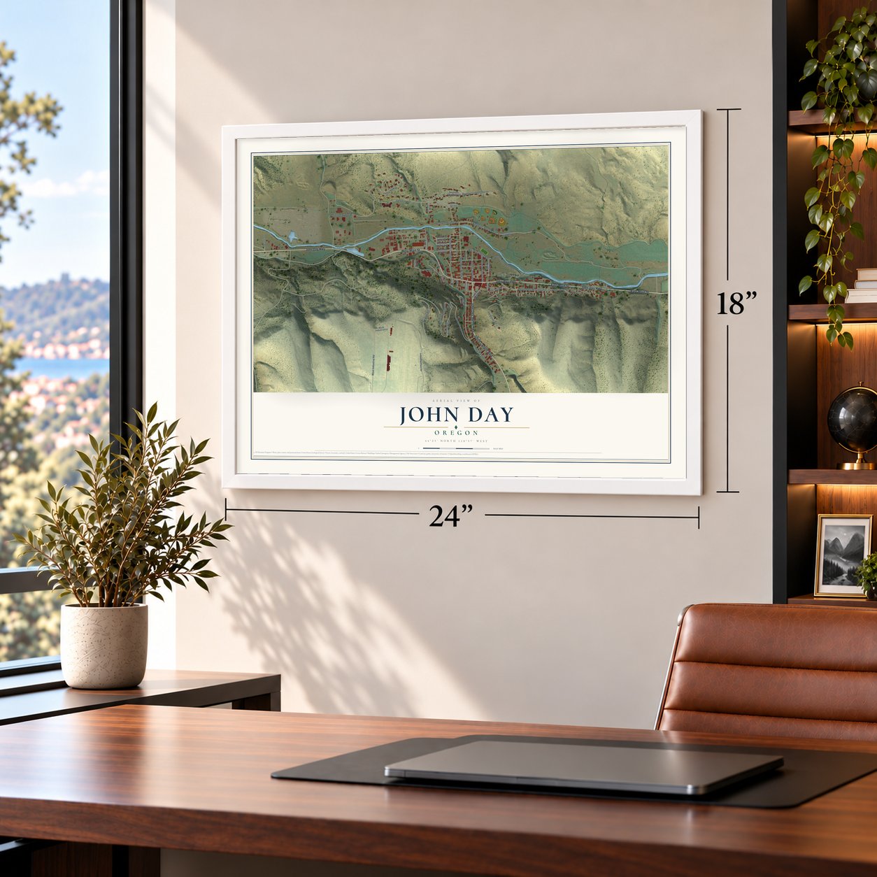 John Day, Oregon map, 18 x 24 inch print in a white frame in a home office