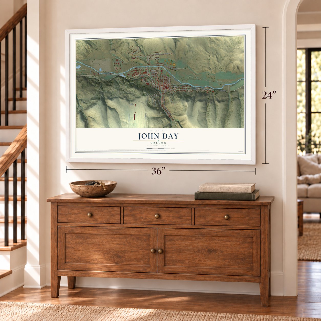 John Day, Oregon map, 24 x 36 inch print in a white frame above a dresser by a staircase