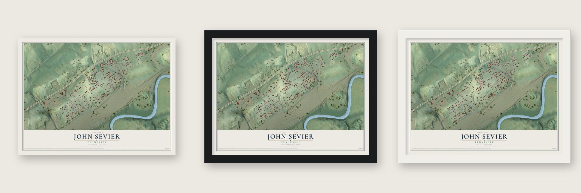 John Sevier, Tennessee map unframed, in a black wood frame and in a white wood frame