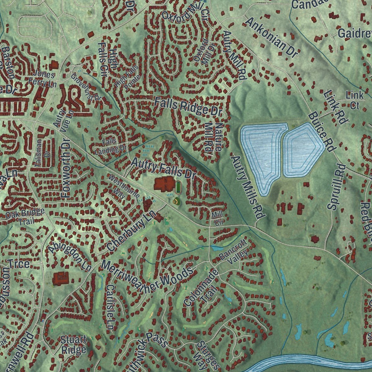 Second close-up of the map of Johns Creek, Georgia print showing more streets and buildings