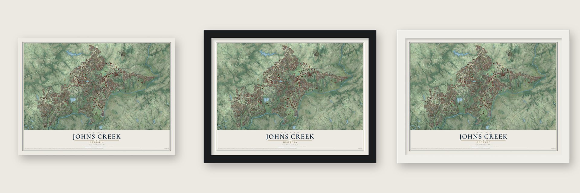 Johns Creek, Georgia map unframed, in a black wood frame and in a white wood frame