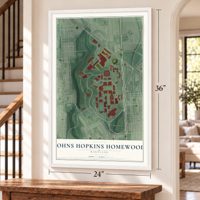 Johns Hopkins Homewood, Maryland map, 24 x 36 inch print in a white frame by a staircase