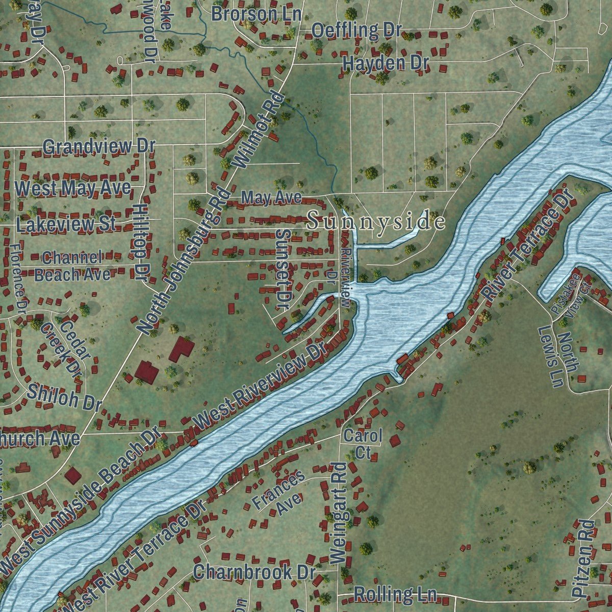 Second close-up of the map of Johnsburg, Illinois print showing more streets and buildings