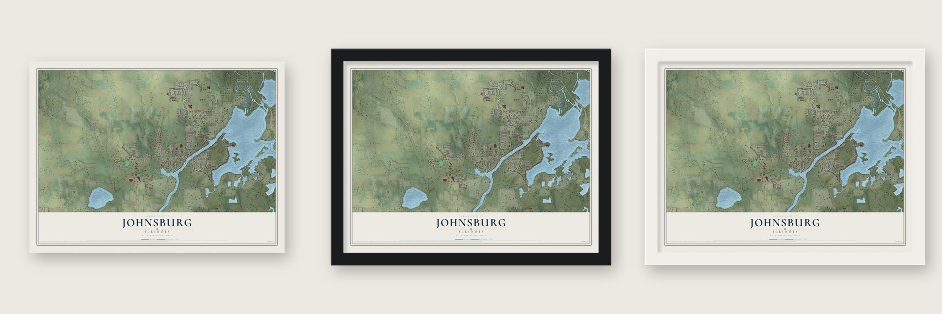 Johnsburg, Illinois map unframed, in a black wood frame and in a white wood frame