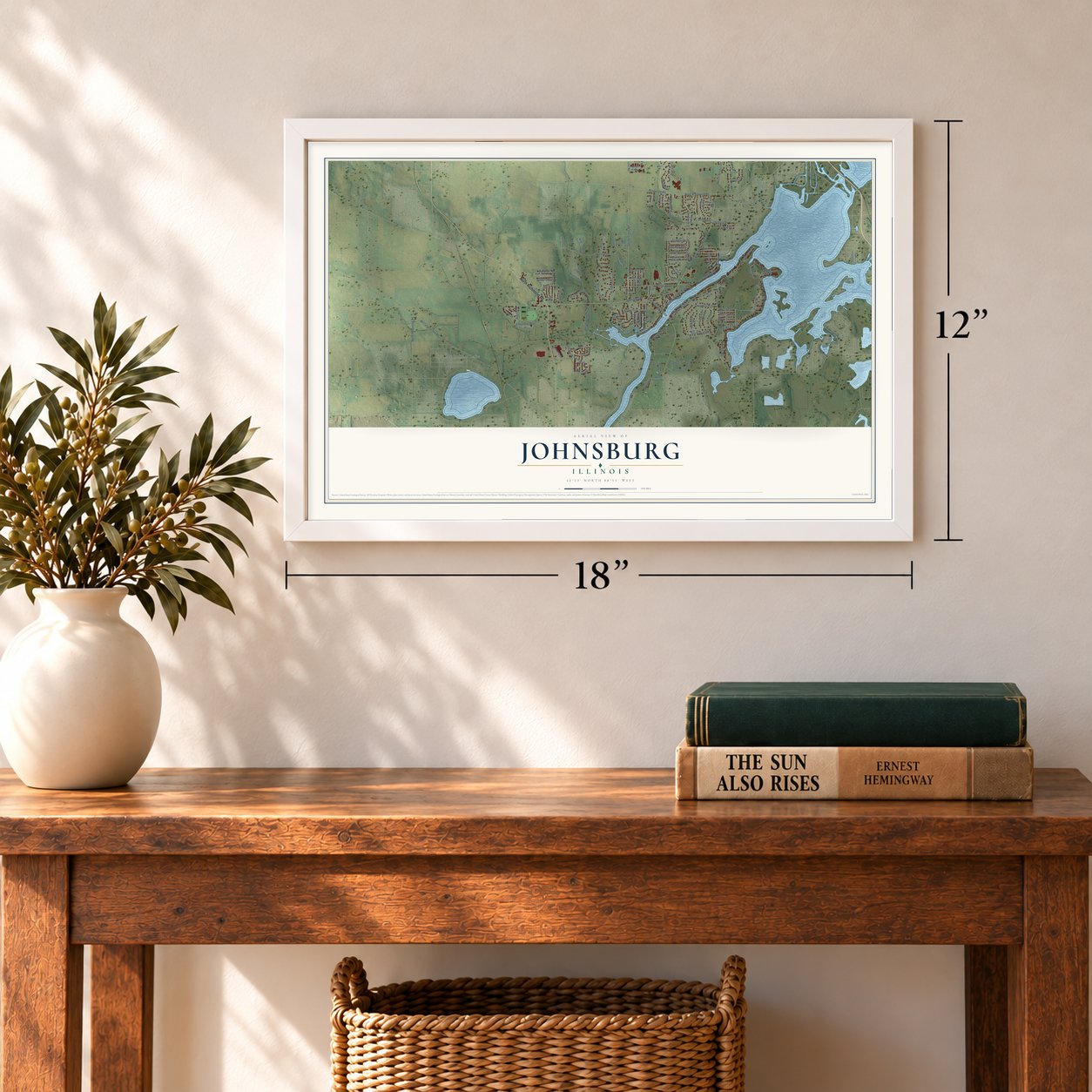 Johnsburg, Illinois map, 12 x 18 inch print in a white frame in an entryway
