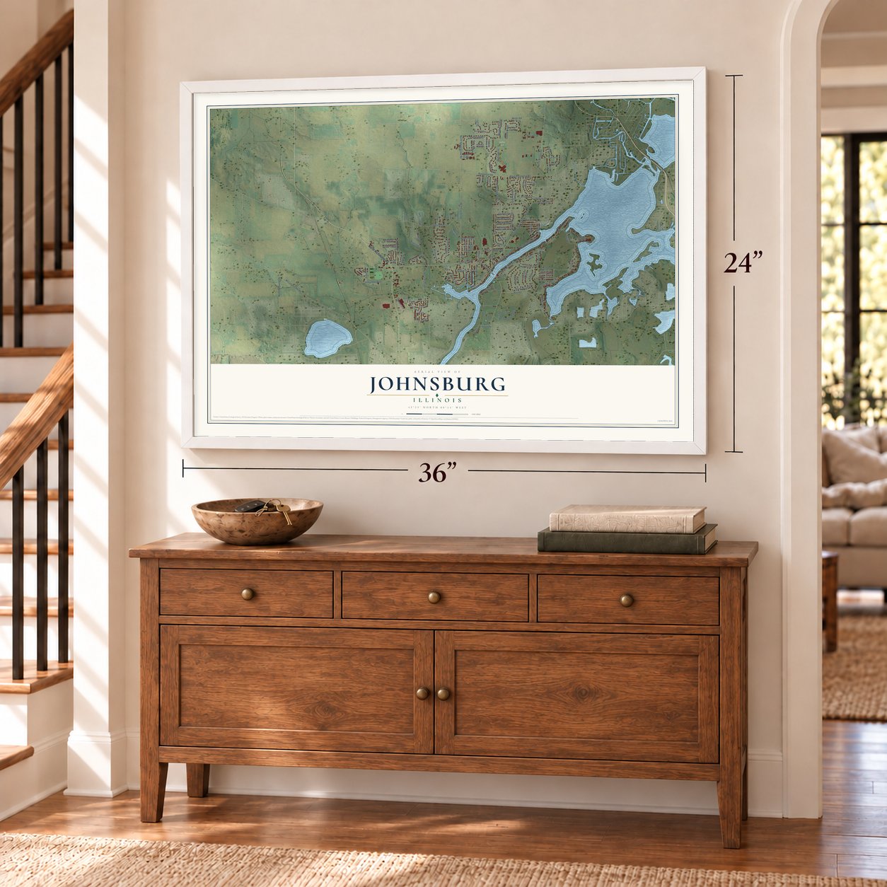Johnsburg, Illinois map, 24 x 36 inch print in a white frame above a dresser by a staircase