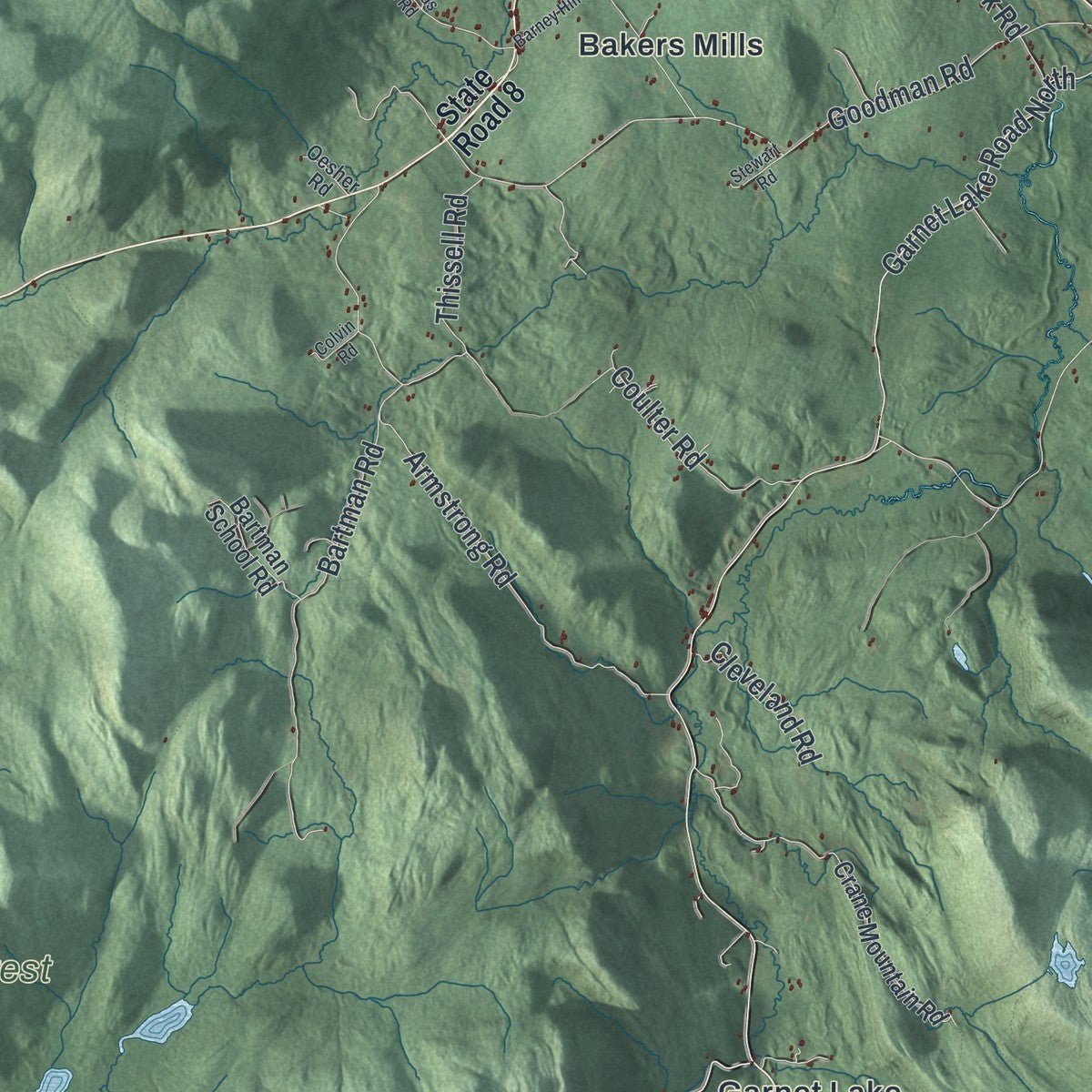 Second close-up of the map of Johnsburg, New York print showing more streets and buildings