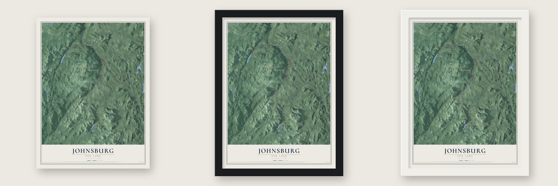 Johnsburg, New York map unframed, in a black wood frame and in a white wood frame