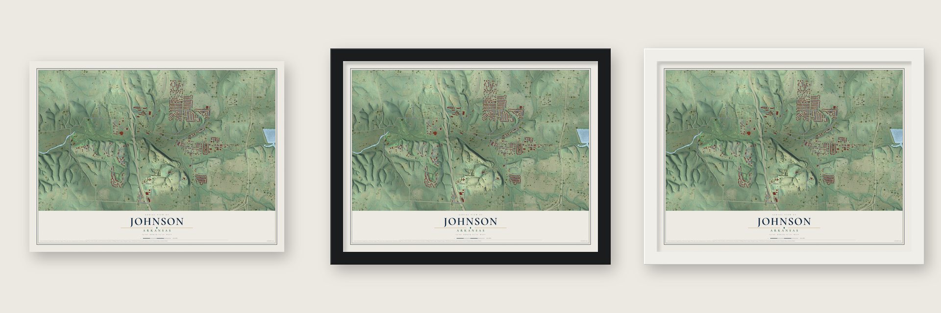 Johnson, Arkansas map unframed, in a black wood frame and in a white wood frame